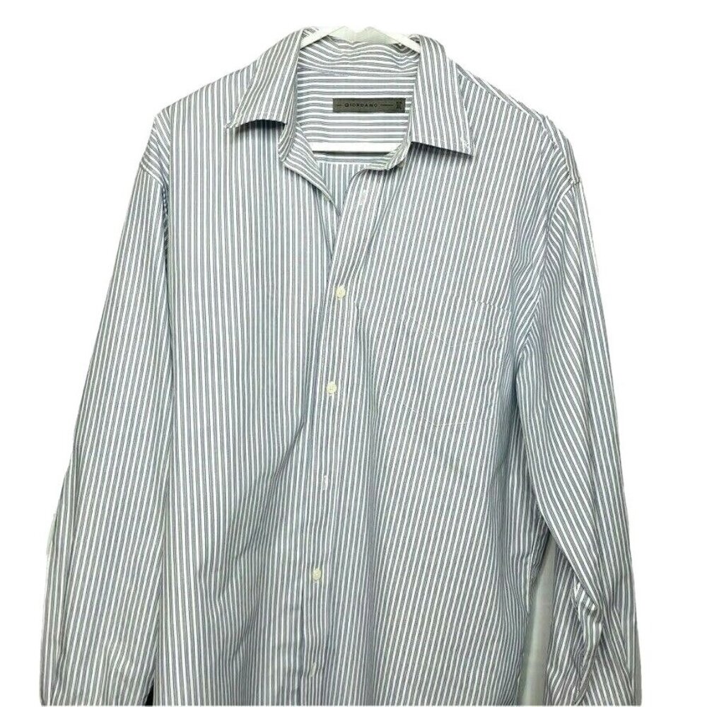 Mens Button Up Dress Shirt Giordano Blue Stripe Long Sleeve Top Size XL